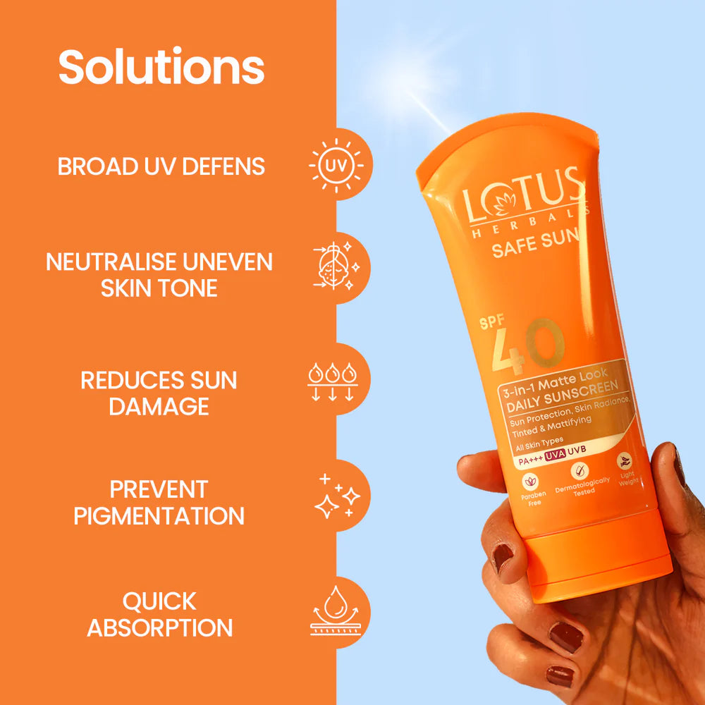 Lotus Herbals Cosmetics Safe Sun 3 In 1 Matte-Look Daily Sunscreen SPF 40 PA+++