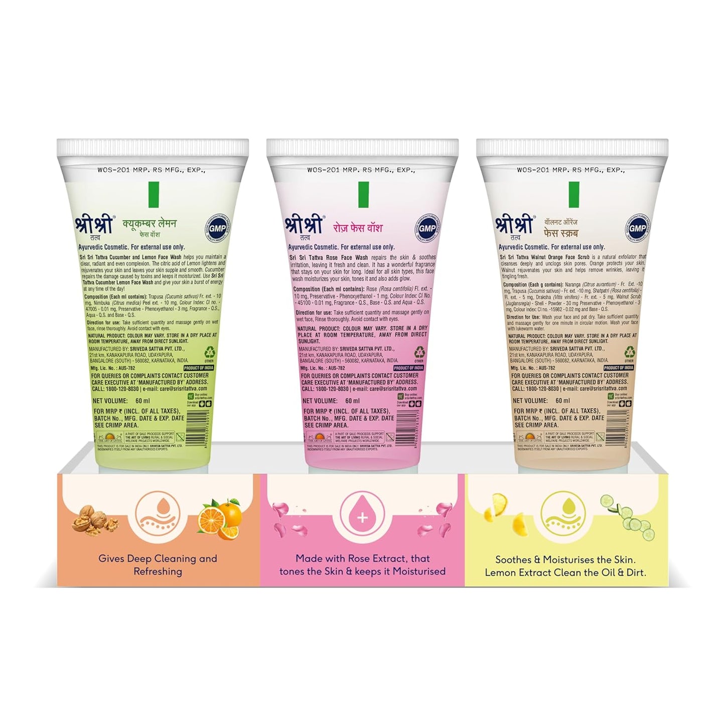 Sri Sri Tattva Cucumber,Rose Face wash & Walnut Orange Face Scrub Free Hydrating Combo