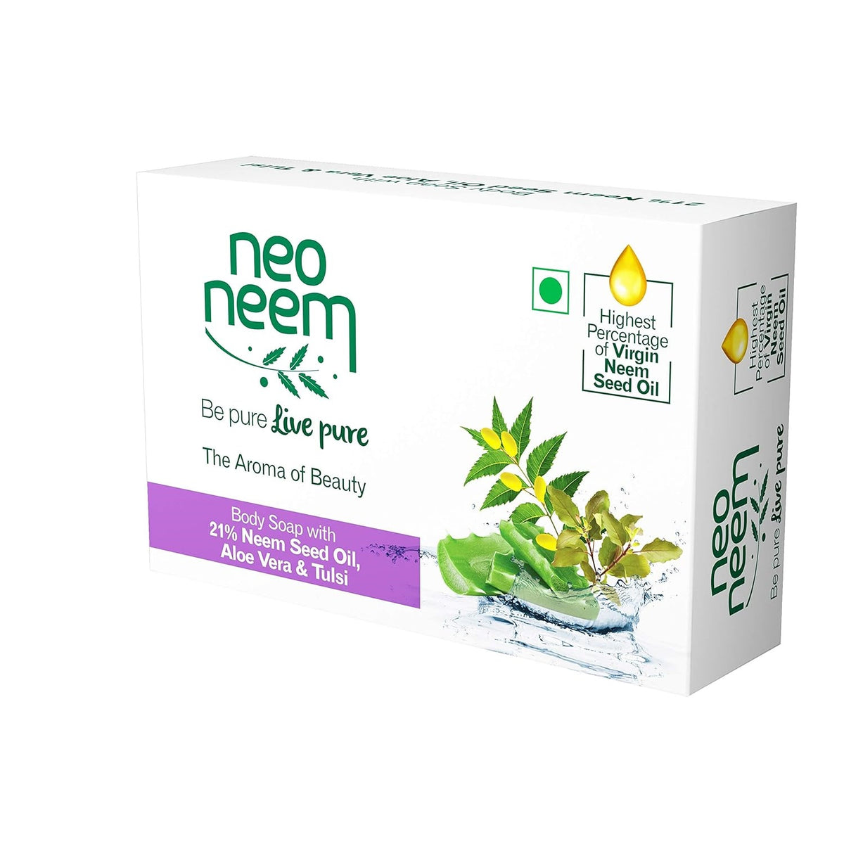 Gnfc Neo Neem Soap Aloe Vera und Tulsi Höchster Prozentsatz an nativem Neemsamenöl Be Pure Live Pure The Aroma Of Beauty Körperseife mit 21 % Neemsamenöl Seife 3 x 75 g