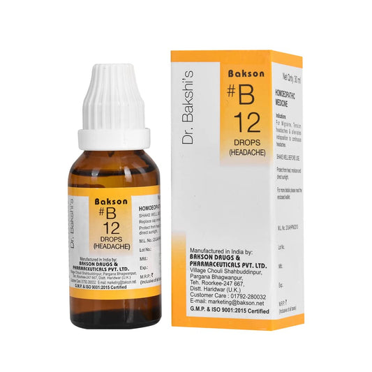 Bakson's Homoeopathy B12 (B-12) Headache For Migraine,Nervous Headaches Drops 30ml