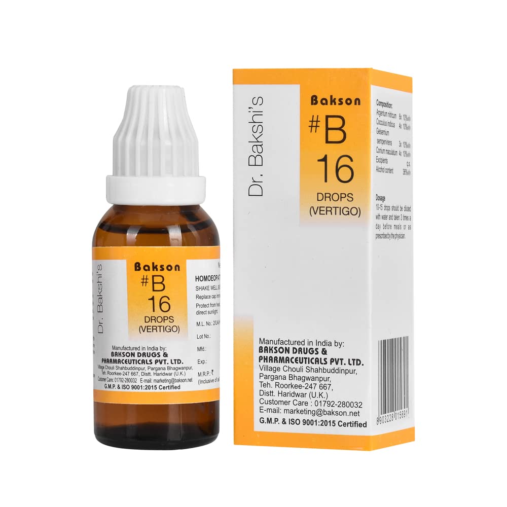 Bakson's Homoeopathy B16 (B-16) Vertigo gegen Schwindel, Reisekrankheit, Tropfen 30ml