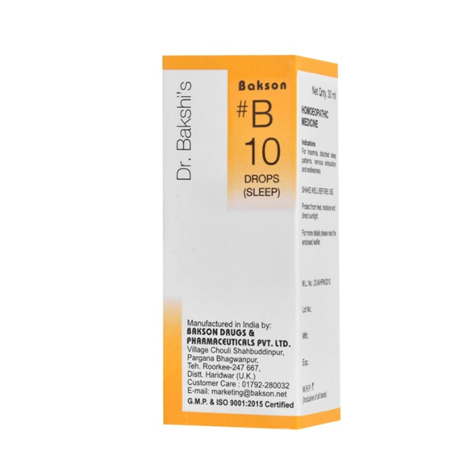 Bakson's Homoeopathy B10 (B-10) Sleep For Loss Of Sleep & Disturbed Sleep Patterns Drops 30ml