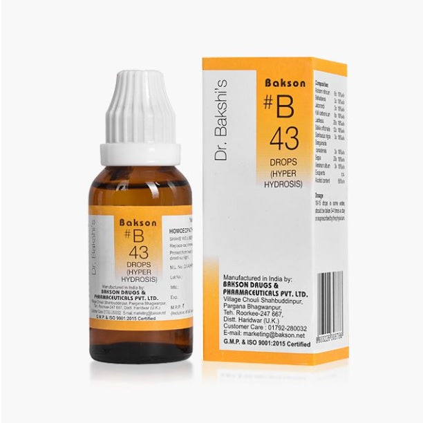 Bakson's B43 (B-43) Hyper Hydrosis For Profuse Perspiration Drops 30ml