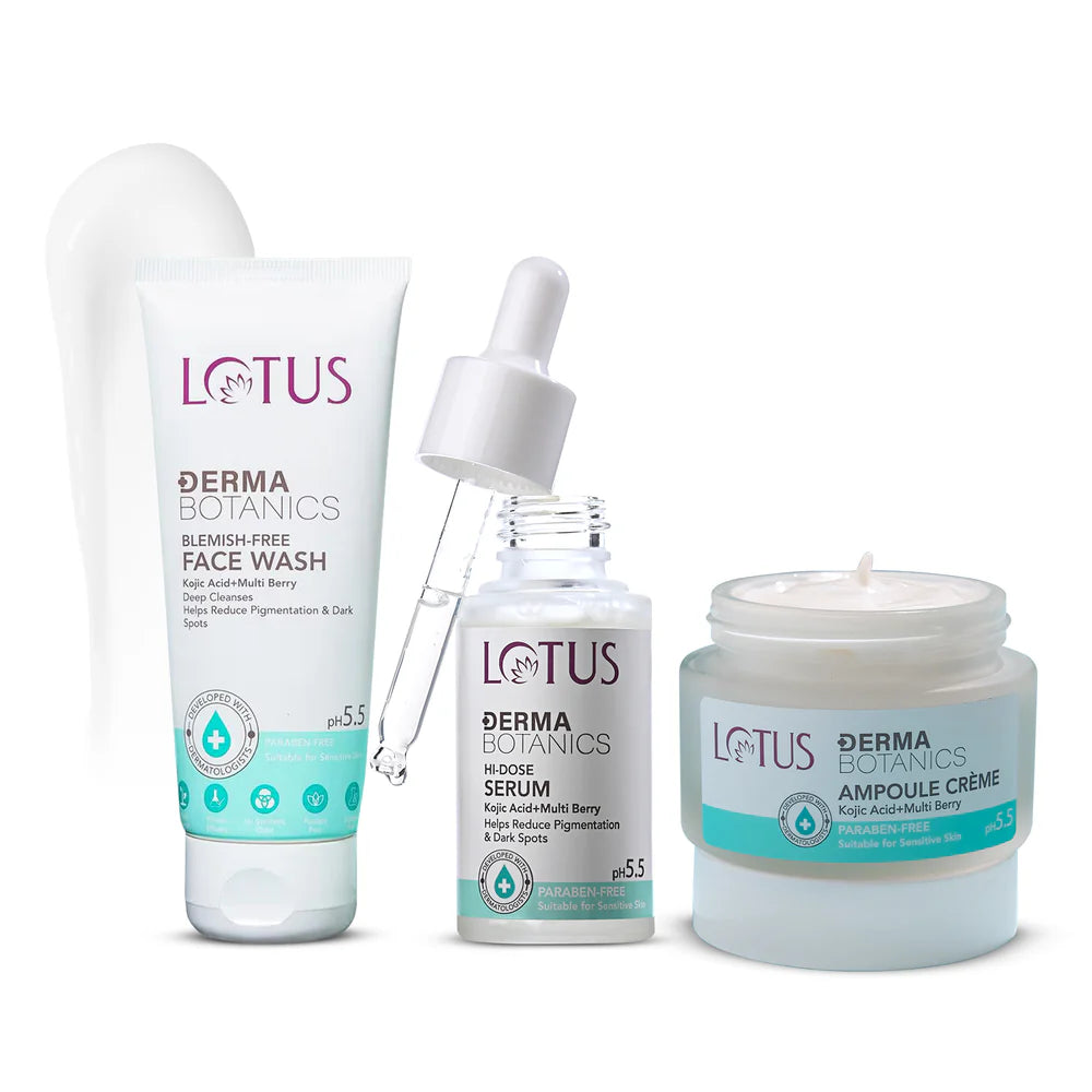 Lotus Cosmetics Derma Botanics Kojic Facewash+Multi Berry Hi Dose Serum+Ampoule Crème Combo