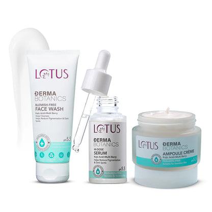 Lotus Cosmetics Derma Botanics Kojic Facewash+Multi Berry Hi Dose Serum+Ampoule Crème Combo