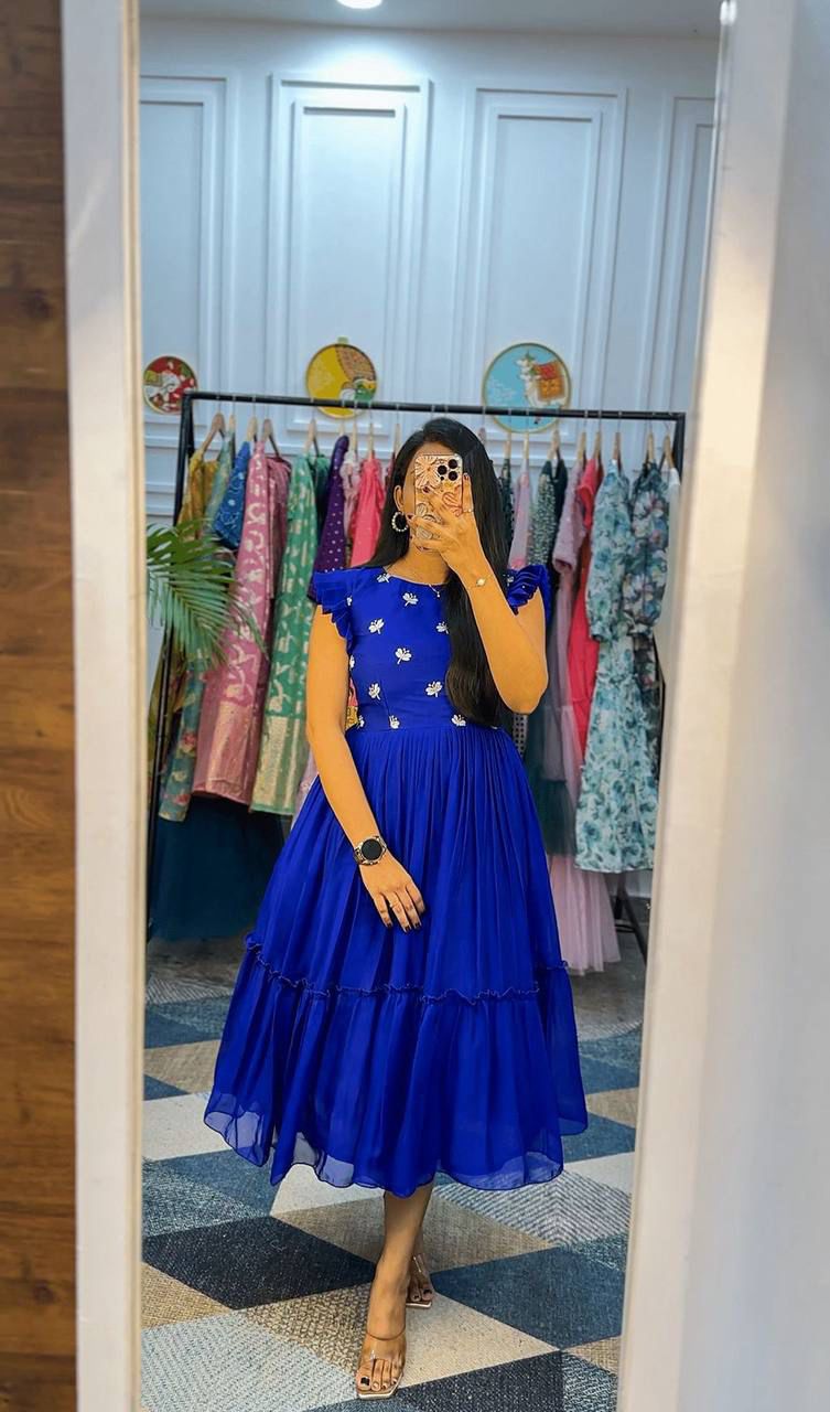 Bollywood Indian Pakistani Ethnic Party Wear Women Soft Pure Chinnon Silk Blue Dress