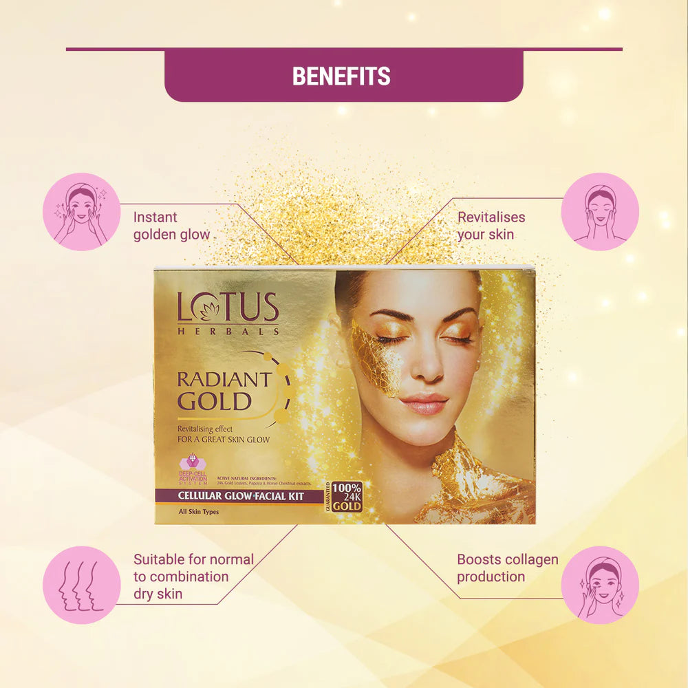 Lotus Herbals Cosmetics Radiant Gold Cellular Glow Salon Grade 4 Facial Kit