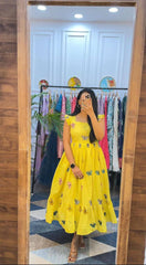 Bollywood Indian Pakistani Ethnic Party Wear Women Soft Pure Maska Cotton Butterfly Printed Yellow Maxi Dress