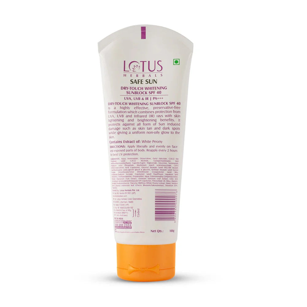 Lotus Herbals Cosmetics Safe Sun Dry Touch Whitening Sunscreen SPF 40 PA+++ 100g