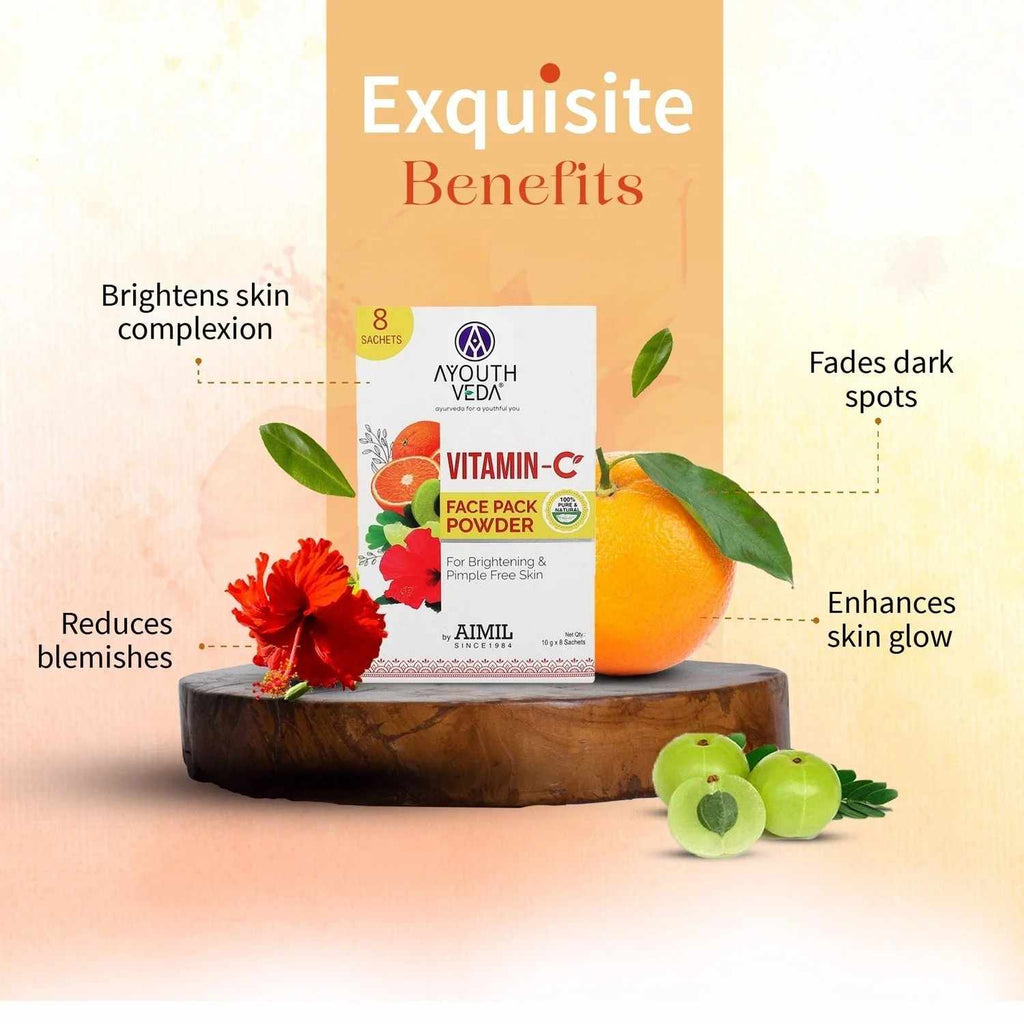 Aimil Ayouthveda Cosmetics Luminous Skin Combo Vitamin C Face Pack Powder 10g × 8 Gulab Jal 100ml
