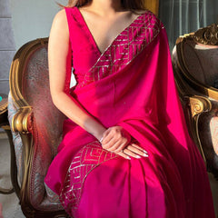 Bollywood Indian Pakistani Ethnic Party Wear Women Soft Pure Hot Pink Tabby Organza Sequence Saree