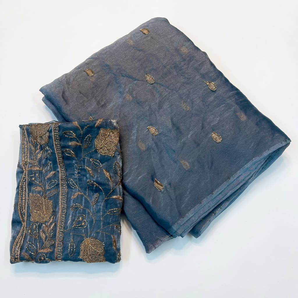 Shree Fendy Leaf Two-Tone Space Silk Partywear Saree with Handwork Blouse