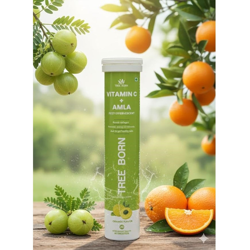 TREEBORN Natural Vitamin C - Amla Extract Effervescent Tablets for Clear, Glowing & Youthful Skin| Helps to Boost Collagen for Healthy Skin, Hair & Nails | Orange Flavour(20 tablets)