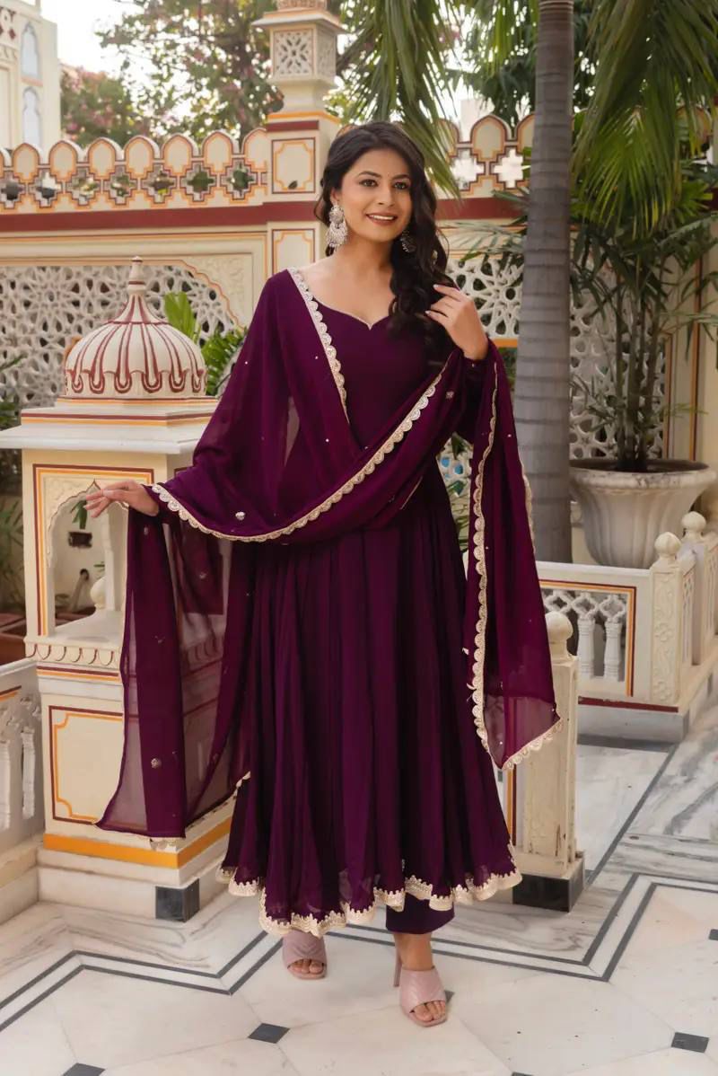 Bollywood Indian Pakistani Ethnic Party Wear Women Soft Pure Faux Georgette Wine Anarkali Dress