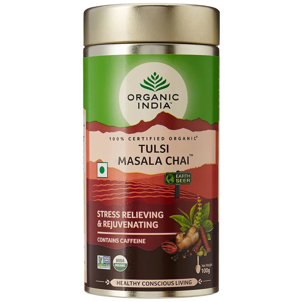 Organic India Tulsi Masala Chai – 25 Infusion Bags | 100g Tin