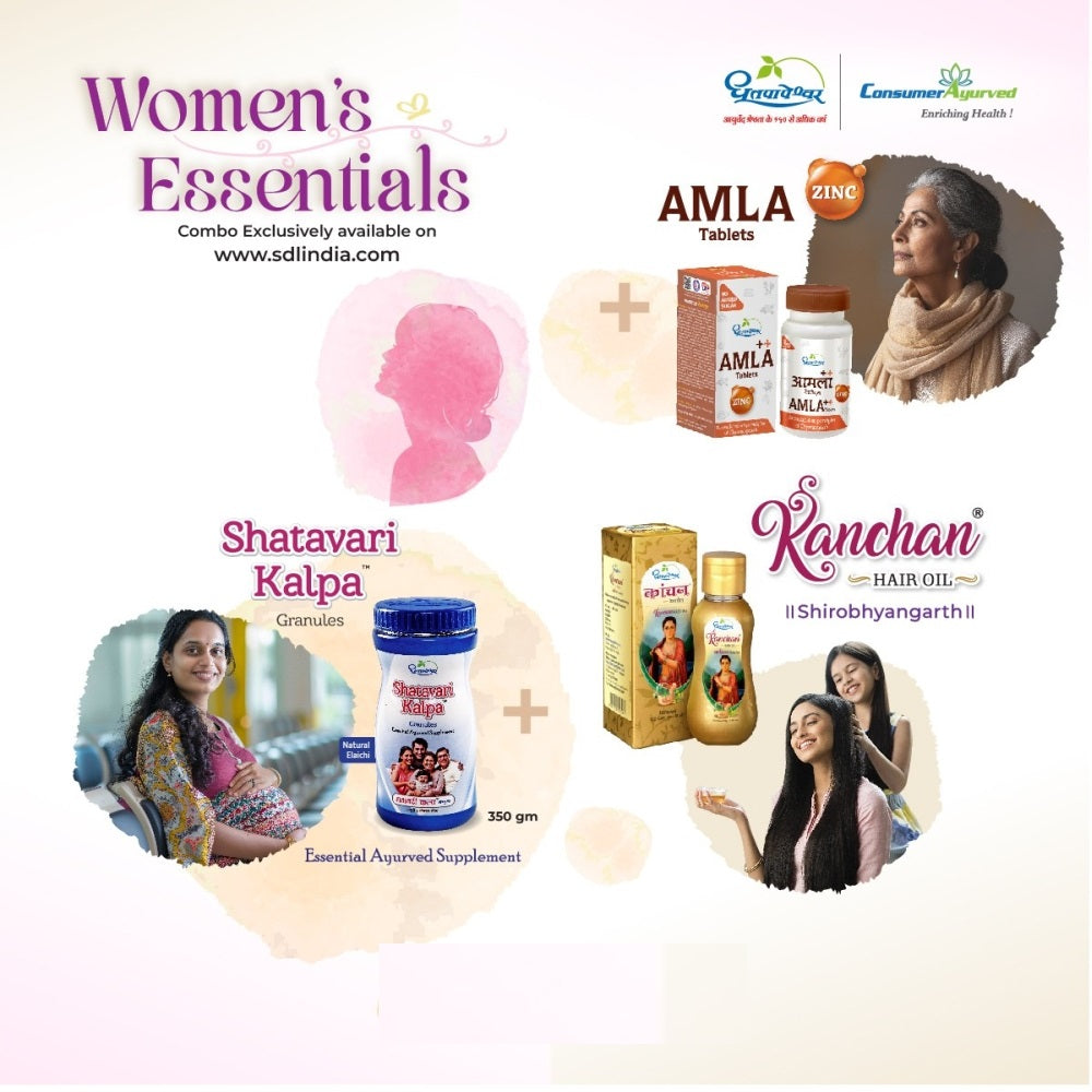 Dhootapapeshwar Ayurvedic Women’s Essentials Shatavari Kalpa Elaichi Flavour 350gm + Kanchan Hair Oil + Amla Plus With Zinc Tablets