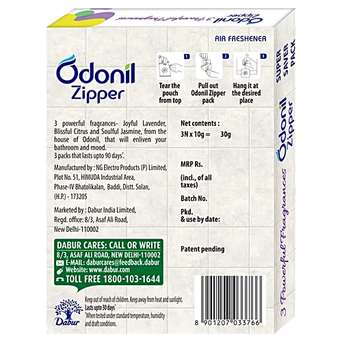 Odonil Zipper Air Freshener Joyful Lavender,Soulful Jasmine & Blissful Citrus 30 g (3 X 10g)