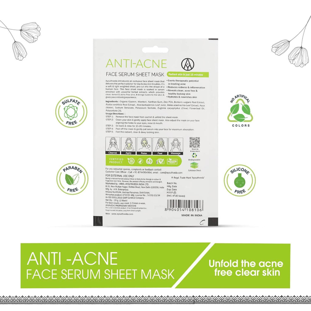 Aimil Ayouthveda Cosmetics Anti Acne,Charcoal Coffee,Oat Silk Honey & Licorice Mulberry Face Serum Sheet Mask 20g
