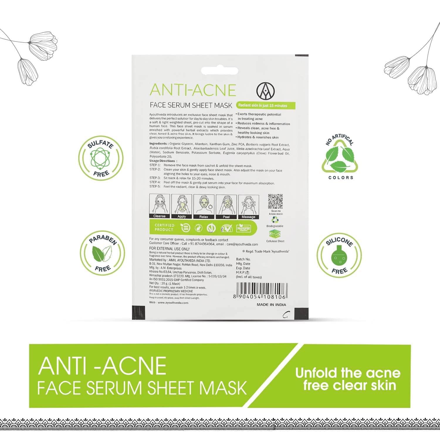 Aimil Ayouthveda Cosmetics Anti Acne,Charcoal Coffee,Oat Silk Honey & Licorice Mulberry Face Serum Sheet Mask 20g