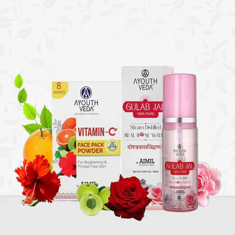 Aimil Ayouthveda Cosmetics Luminous Skin Combo Vitamin C Face Pack Powder 10g × 8 Gulab Jal 100ml