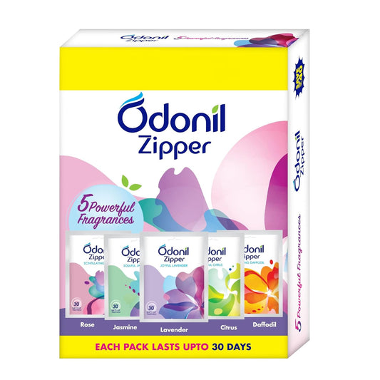 Odonil Bathroom Air Freshner Zipper Joyful Lavender,Allluring Daffodil,Blissful Citrus,Scintillating Rose,Soulful Jasmine & Combo