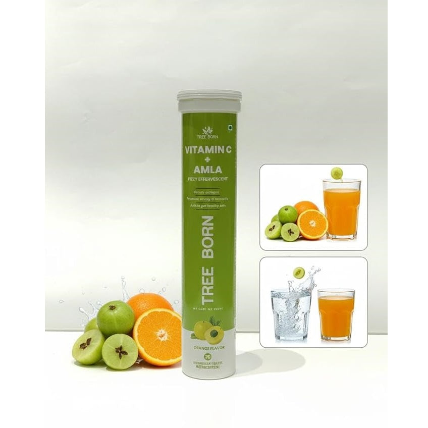 TREEBORN Natural Vitamin C - Amla Extract Effervescent Tablets for Clear, Glowing & Youthful Skin| Helps to Boost Collagen for Healthy Skin, Hair & Nails | Orange Flavour(20 tablets)