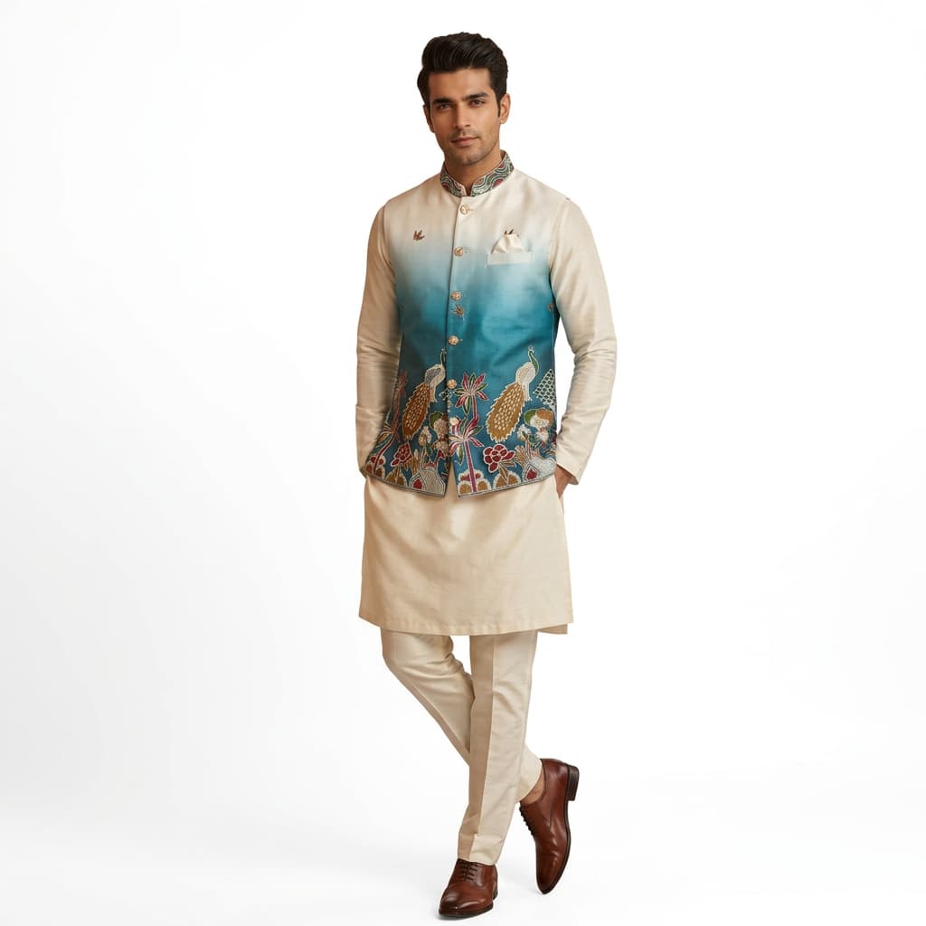 Shaded Peacock Designer Koti / Kurta / Pyjama