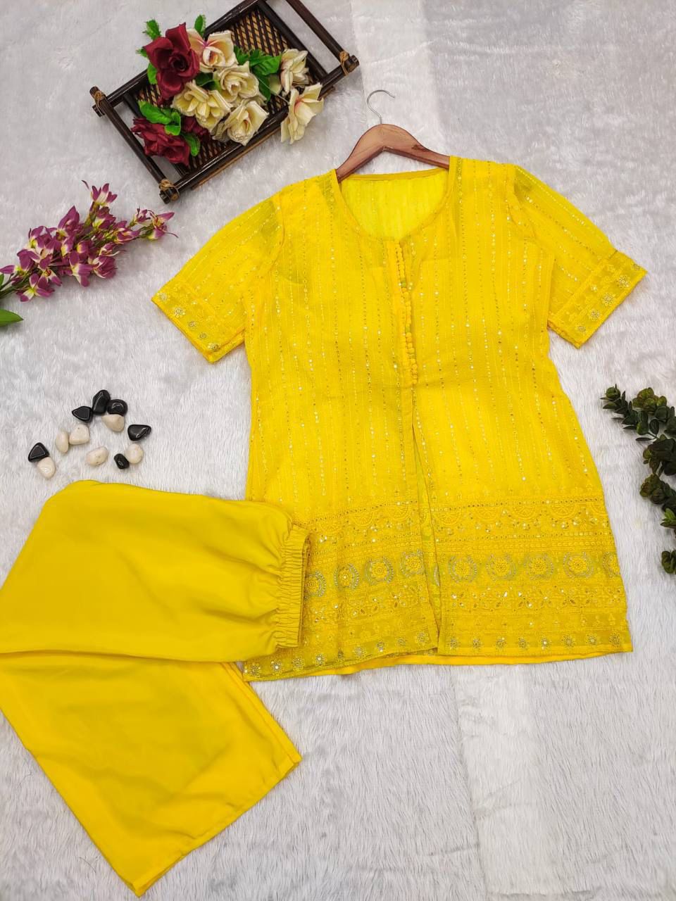 Bollywood Indian Pakistani Ethnic Party Wear Women Soft Pure Georgette Yellow Chikankari Perfect Jacket Sharara Set Dress