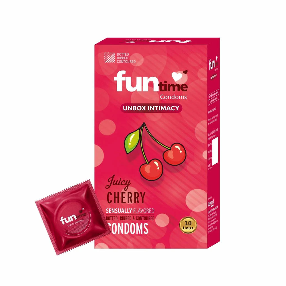 Leeford Funtime Juicy Cherry Flavored Lubricated Dotted,Ribbed And Contoured Condom 10 Count