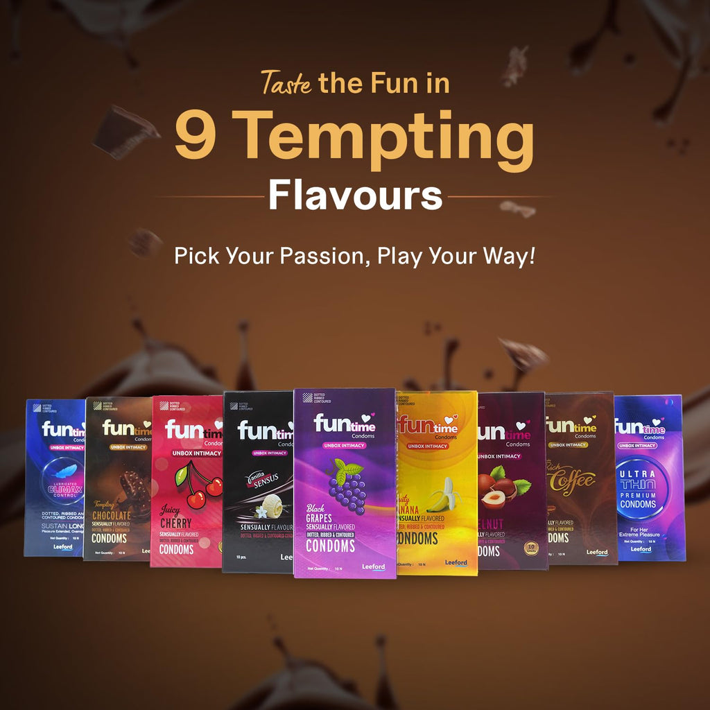 Leeford Funtime Chocolate Flavored Lubricated Dotted, Ribbed And Contoured Condom 10 Piece