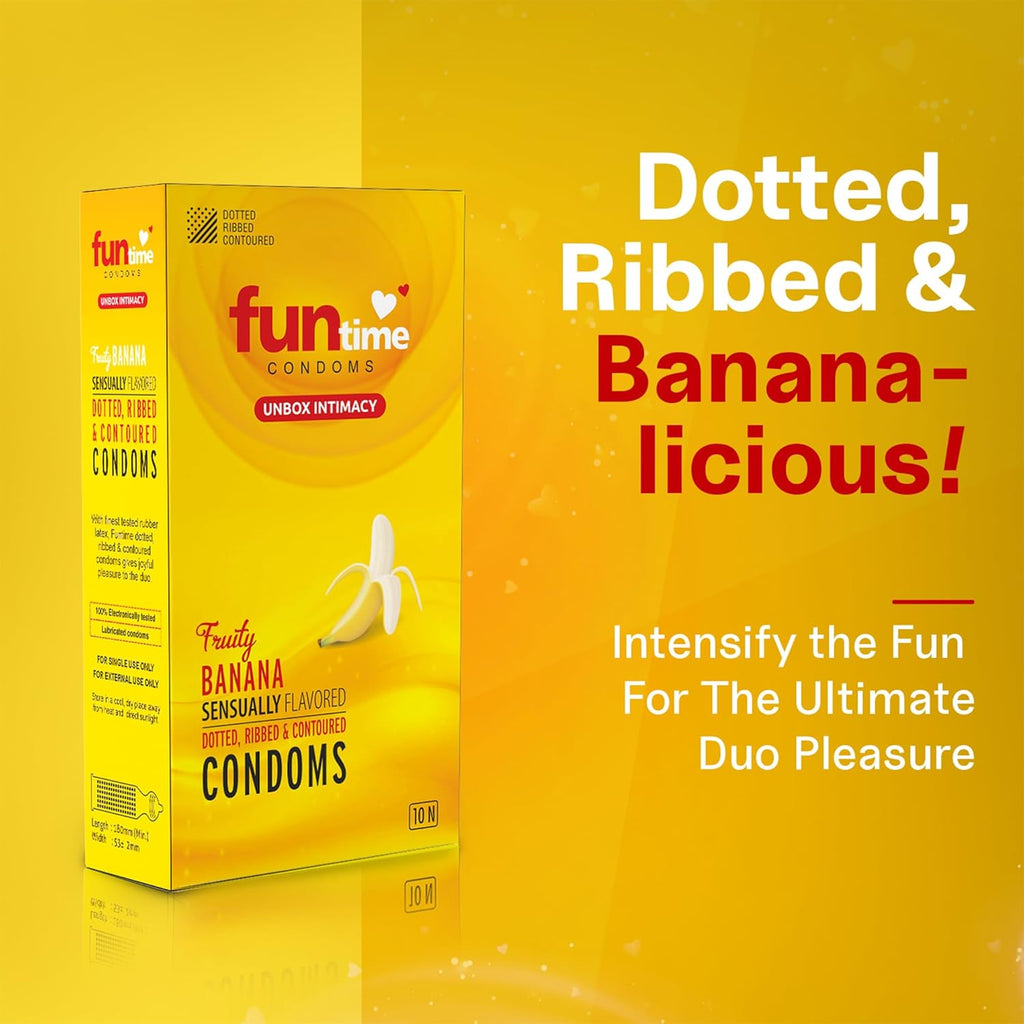 Leeford Funtime Banana Flavored Lubricated Dotted,Ribbed And Contoured Condom 10's