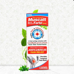 Aimil Ayurveda-Muscalt-Fort-Tabletten für das Wohlbefinden von Knochen und Gelenken reduzieren Schmerzen und Entzündungen. Fort-Tabletten, Ölspray und Sirup