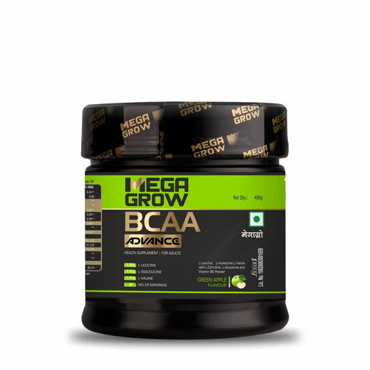 Leeford Megagrow BCAA Advance Supplement Powder Green Apple Flavor With Shaker 400g