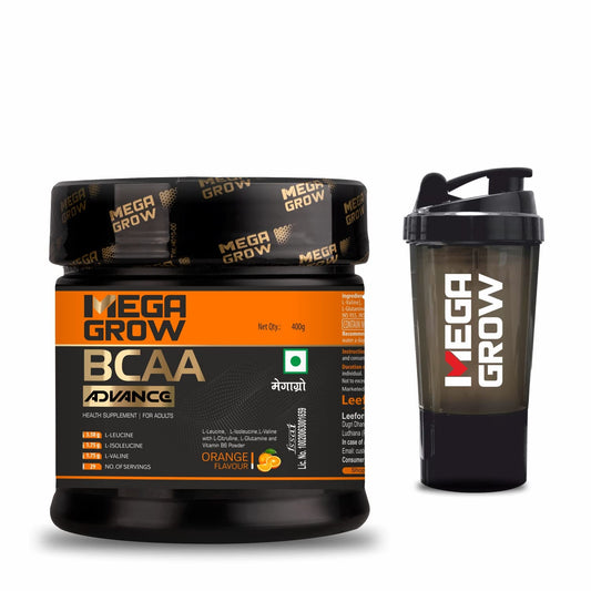 Leeford Megagrow BCAA Advance Supplement Powder Orange Flavor With Shaker 400g