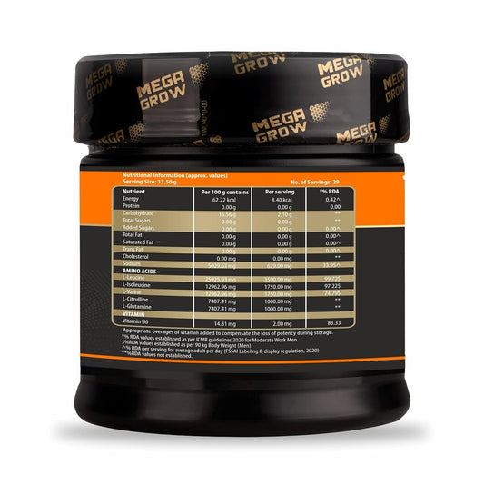 Leeford Megagrow BCAA Advance Supplement Powder Orange Flavor With Shaker 400g