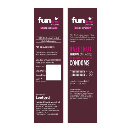 Leeford Funtime Hazelnut Flavored Lubricated Dotted, Ribbed And Contoured Condom 10 Piece