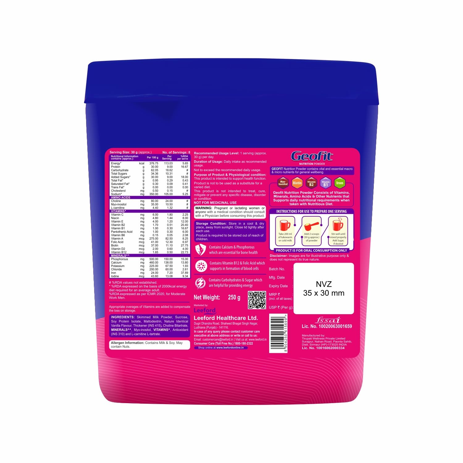 Leeford Geofit Vanilla Flavoured Protein Nutrition Powder 250g