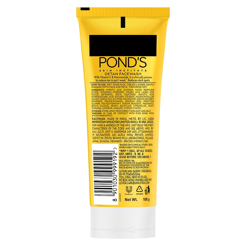 Pond's Detan For Tan Removal in Just 7 Days Contains Vitamin C Niacinamide Facewash 100gm