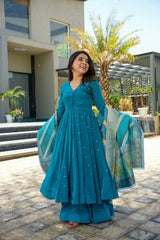 Bollywood Indian Pakistani Ethnic Party Wear Women Soft Pure Chinnon Silk Aqua Blue 9mm Anarkali Dupptta With Bottom Embroidered Suit Set Dress