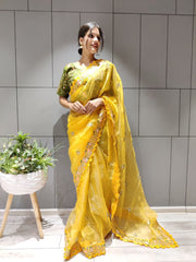 Bollywood Indian Pakistani Ethnic Party Wear Women Soft Pure Premium Organza Silk Yellow Saree/Sari