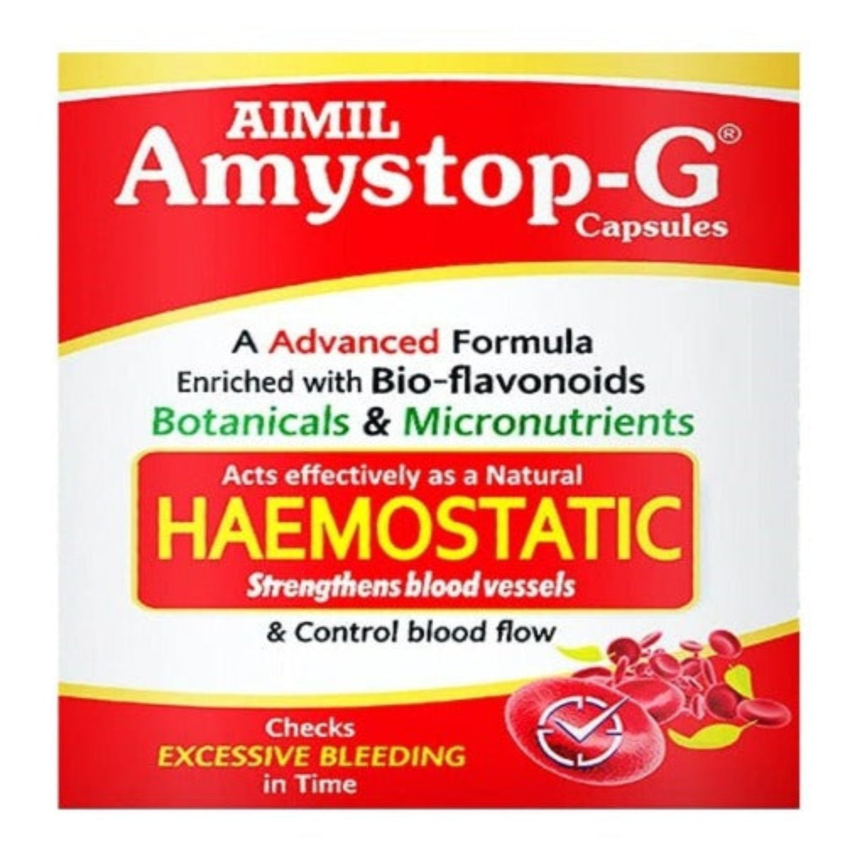 Aimil Ayurvedische Amystop-G-Kapseln, natürliches Eisen und andere Nahrungsergänzungsmittel für Frauen, stärken die Blutgefäße und kontrollieren den Blutfluss, 20 Kapseln 