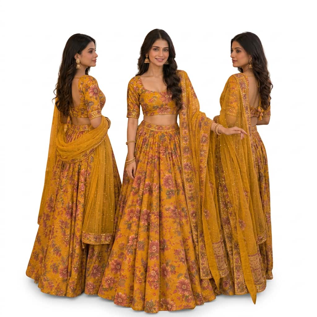 Yellow Taby Silk Lehenga Choli Set with Mirror Work – HC-1159