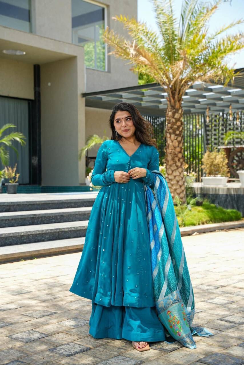 Bollywood Indian Pakistani Ethnic Party Wear Women Soft Pure Chinnon Silk Aqua Blue 9mm Anarkali Dupptta With Bottom Embroidered Suit Set Dress