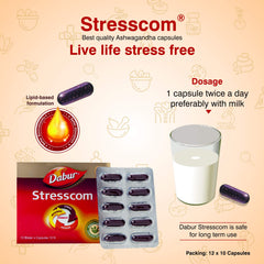 Dabur Ayurvedic Stresscom Ashwagandha Capsule 10 Counts (12 Strips) 120 Capsule