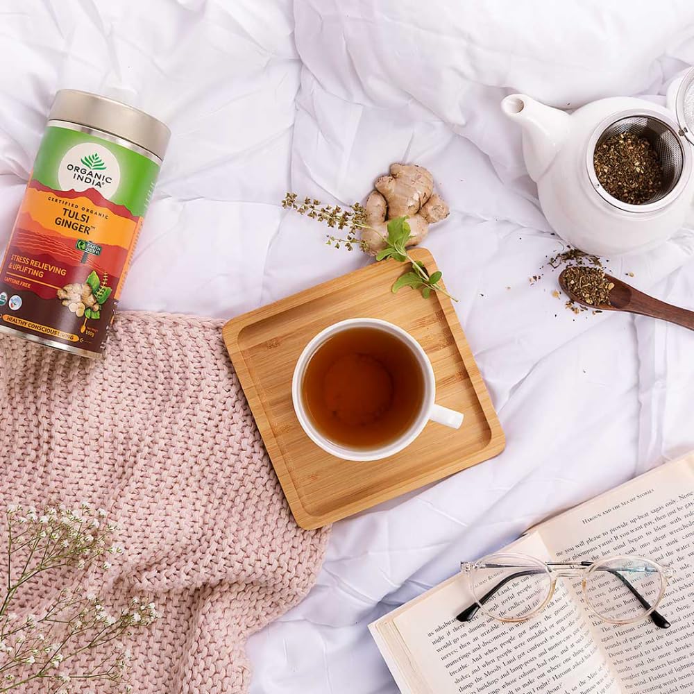 Organic India Tulsi Ginger Green Tea 25 Teabags,50 Teabgas & 100g Tin