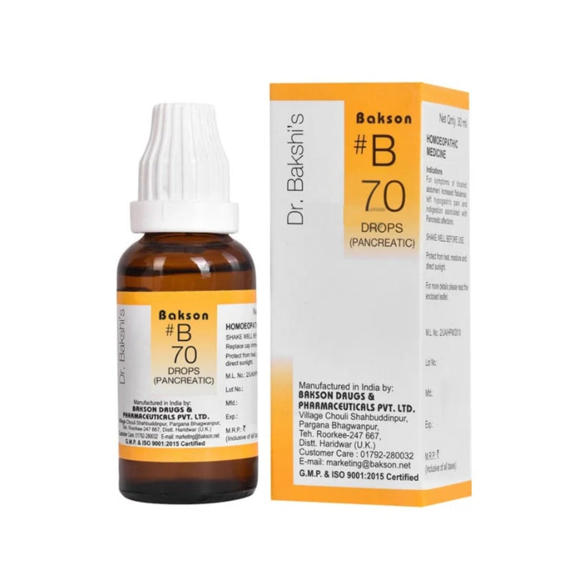 Bakson's B70 (B-70) Pancreatic For Bloated Abdomen,Indigestion & Pancreatitis Drops 30ml