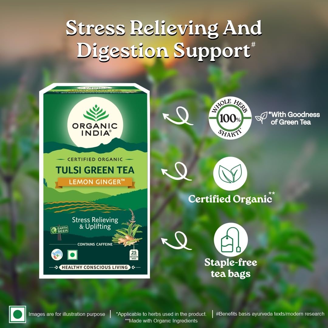 Organic India Tulsi Green Tea Lemon Ginger 25 Infusion Bag,50 Teabag & 100 Tea Bag