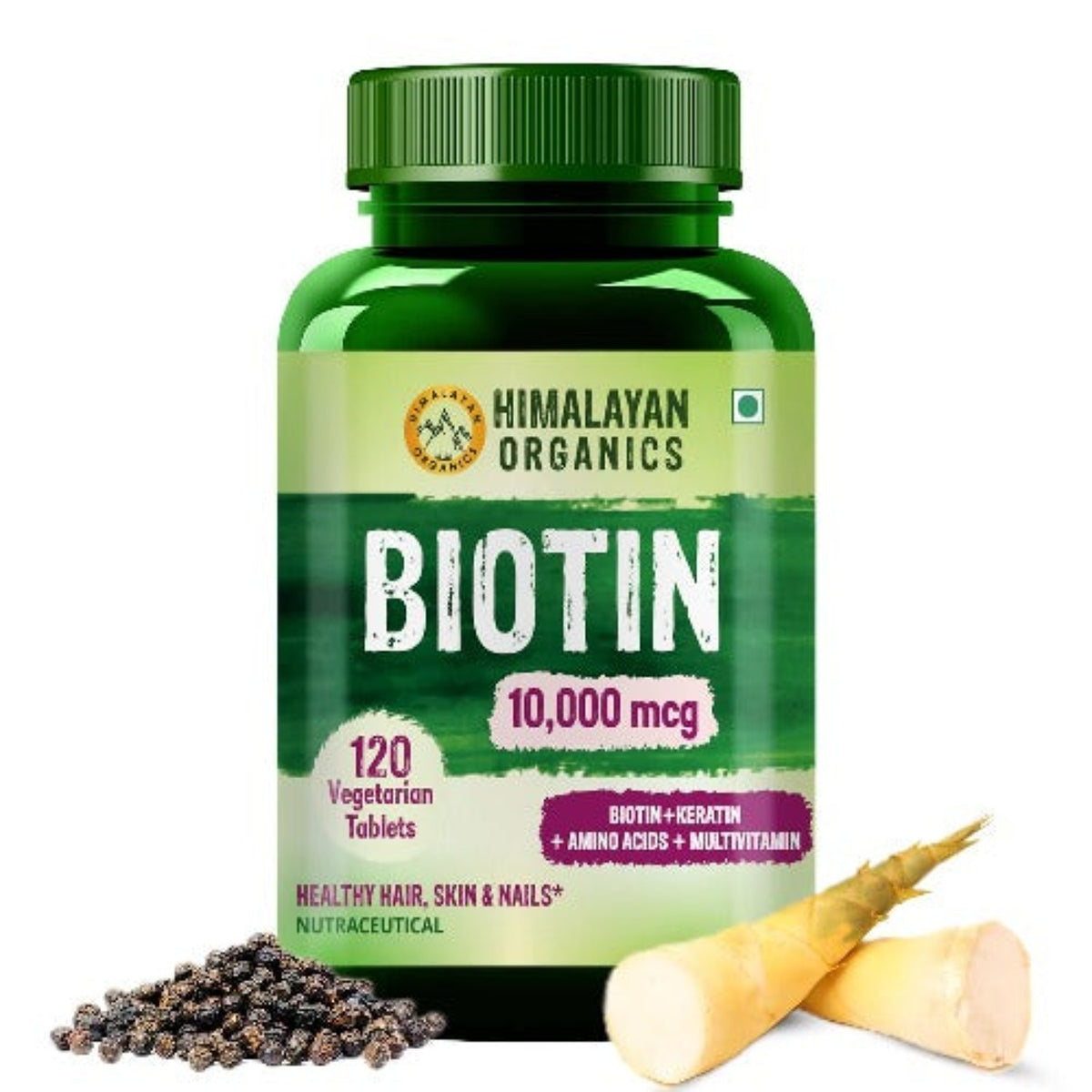 Himalayan Organics Биотин, 10 000 мкг, добавка с кератином, аминокислотами и мультивитаминами, 120 вегетарианских таблеток