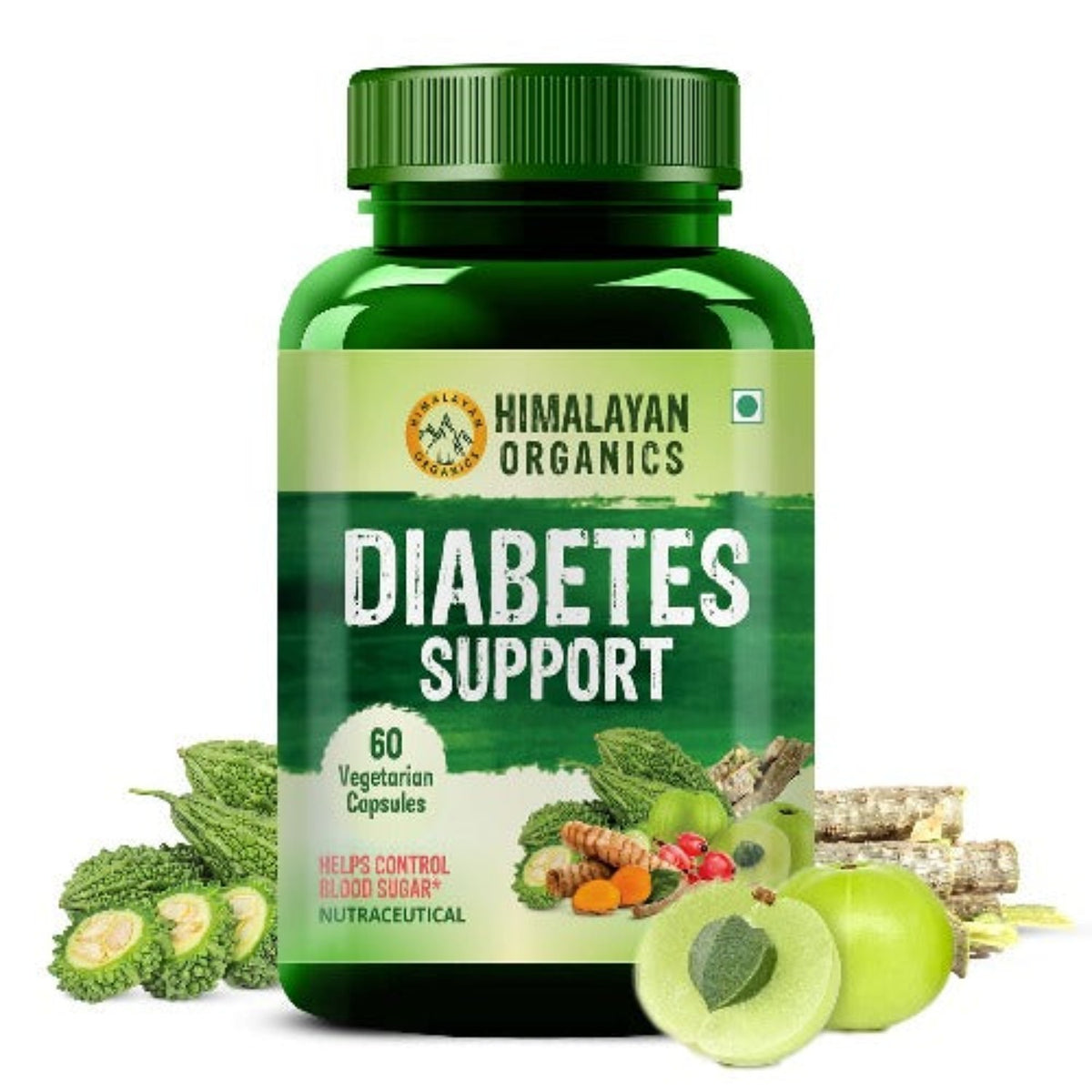 Добавка для поддержки диабета Himalayan Organics помогает контролировать уровень сахара в крови. 100% вегетарианский продукт (60 капсул).