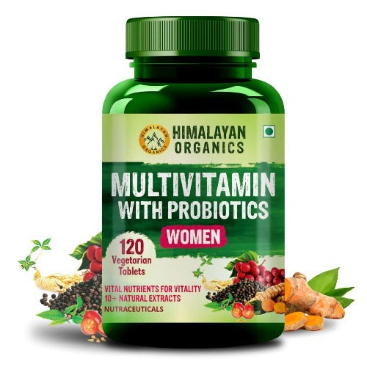 Himalayan Organics Multivitamin mit Probiotika für Frauen, 120 vegetarische Tabletten (60 + natürliche Extrakte, essentielle Vitamine und Mineralien, Vitamin D3, B12, Kalzium, Curcumin und Biotin)